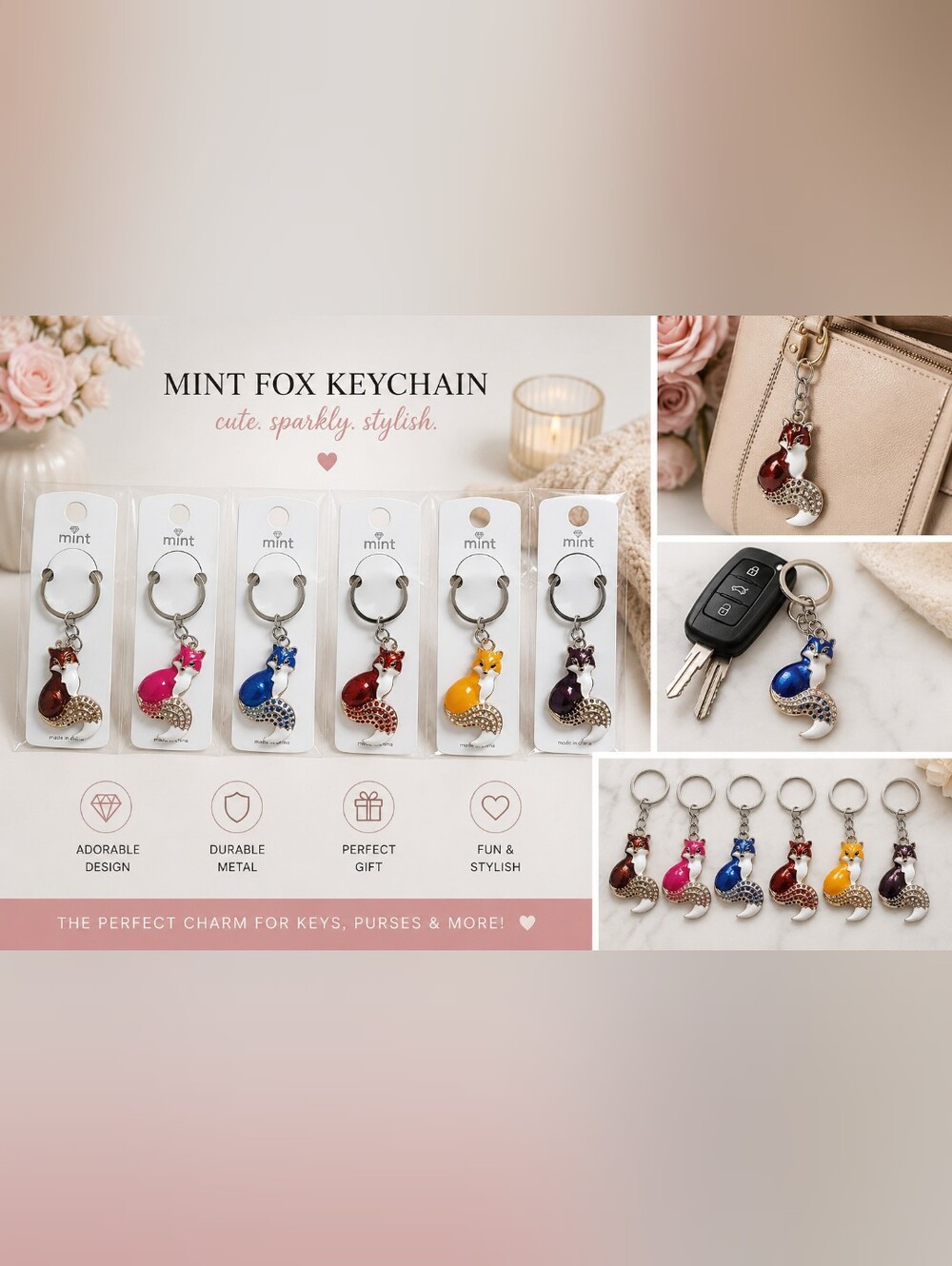 Mint Fox Keychain - Mint, Pink, Blue, Red, Yellow, Purple, Brown
